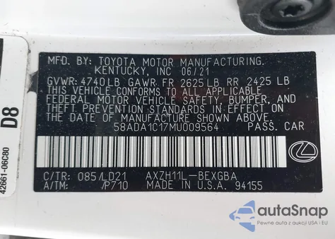 2021 Lexus Es 300H из США, поврежденный, VIN 58ADA1C17MU009564